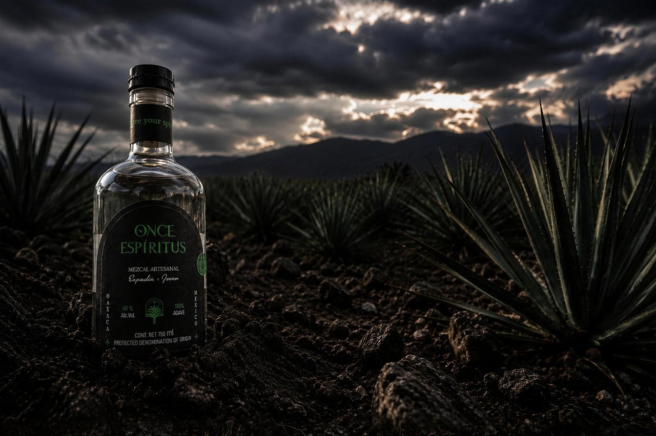 Una botella de Once Espíritus sobre la tierra volcánica de un campo de agave espadín en Santiago Matatlán, al atardecer