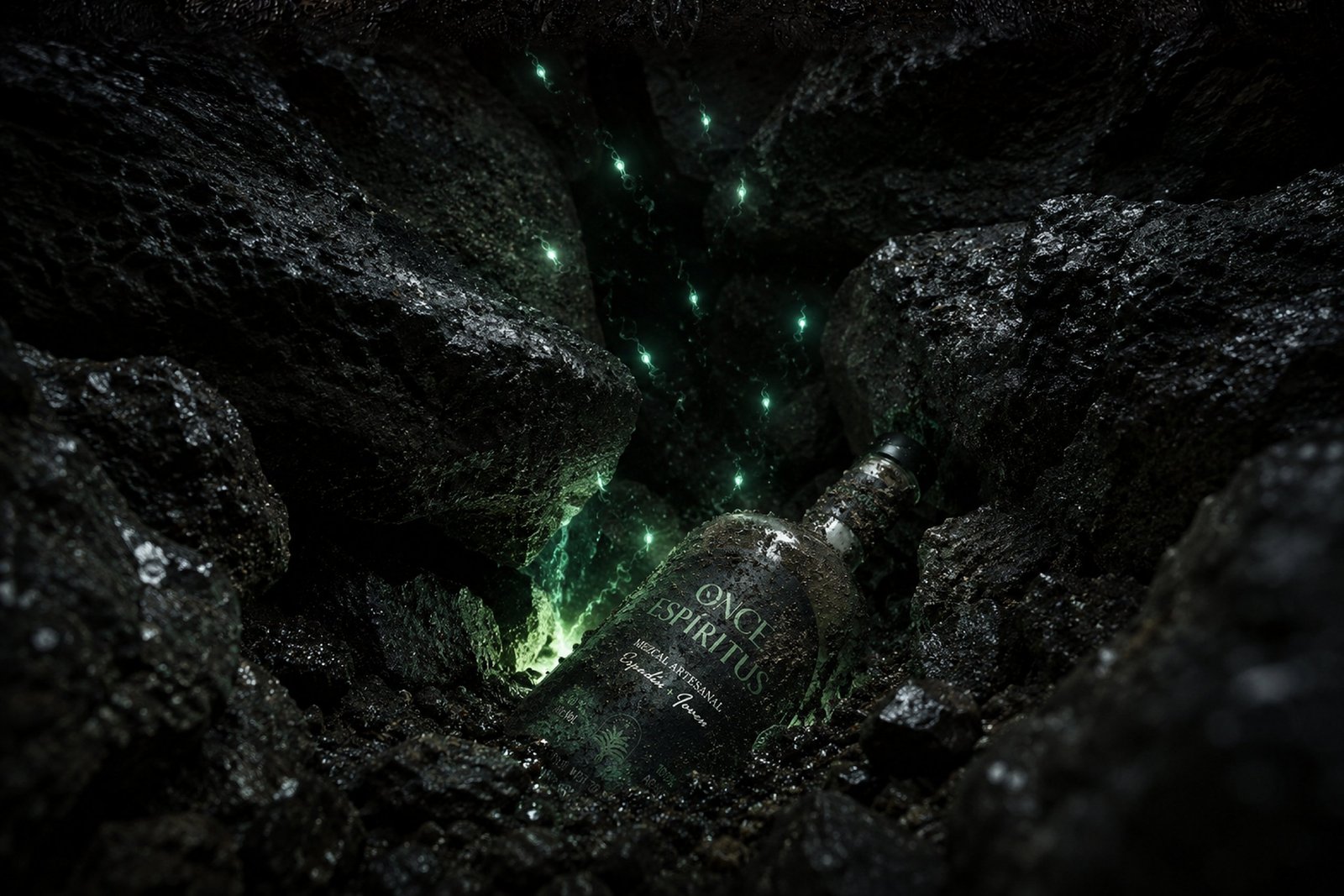 Una botella de Once Espíritus entre la roca volcánica, al fondo del descenso, iluminada por una luz verde