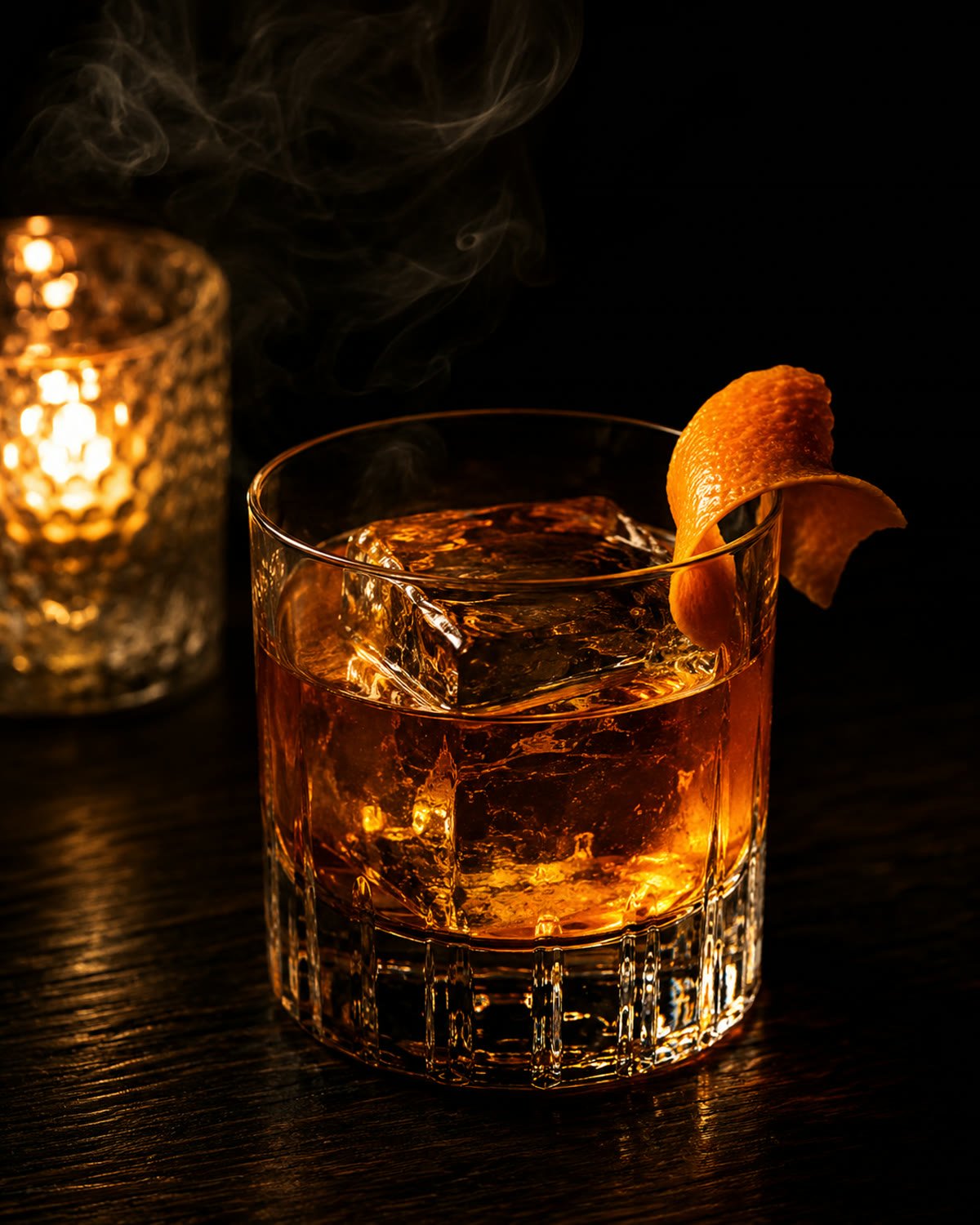 Old fashioned oaxaqueño en vaso corto, con hielo grande y cáscara de naranja, a la luz de una vela