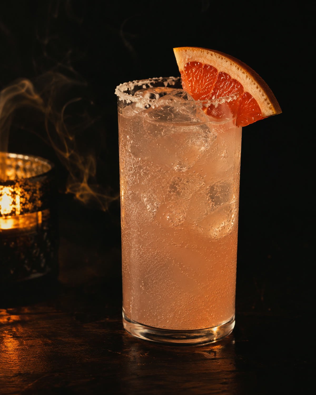 Paloma de humo en vaso alto con borde de sal, hielo y gajo de toronja
