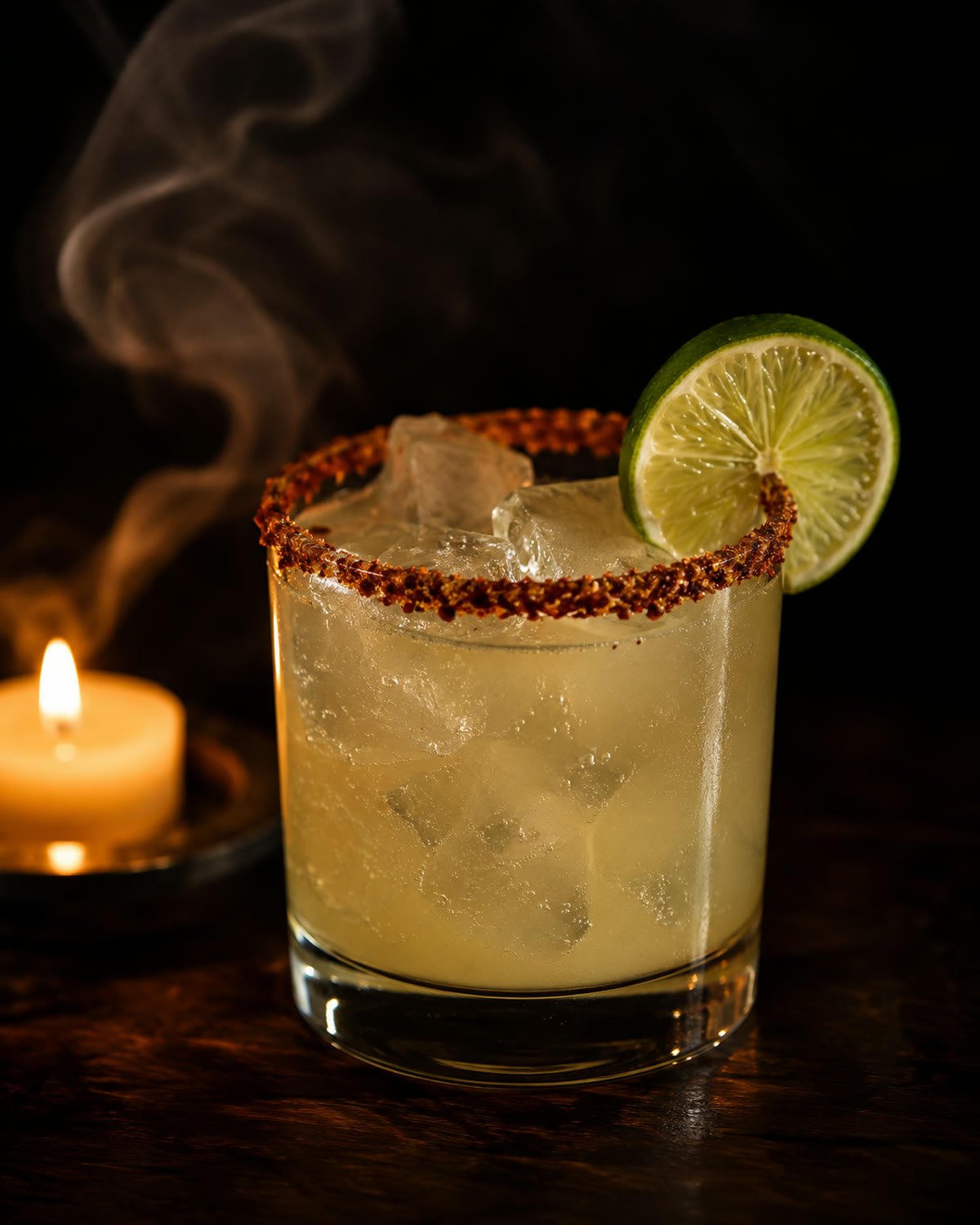 Mezcalita en vaso corto con borde de sal de gusano y rueda de limón