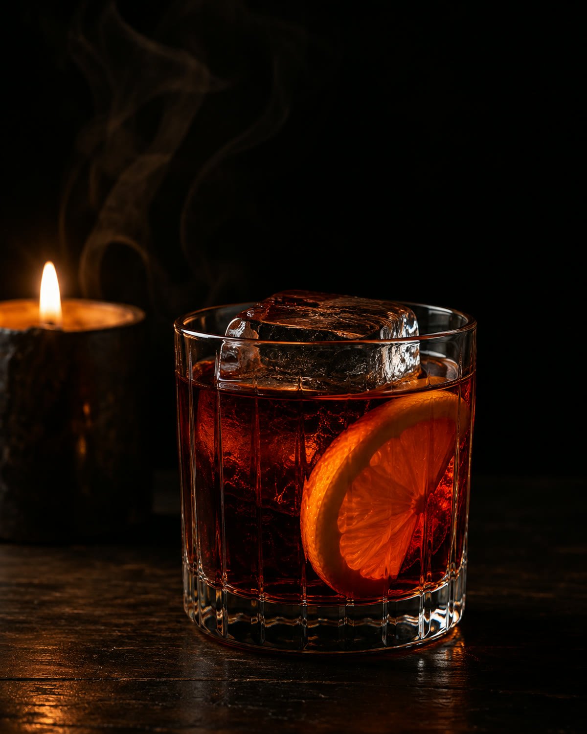 Negroni de agave en vaso corto, rojo profundo, con hielo y rodaja de naranja