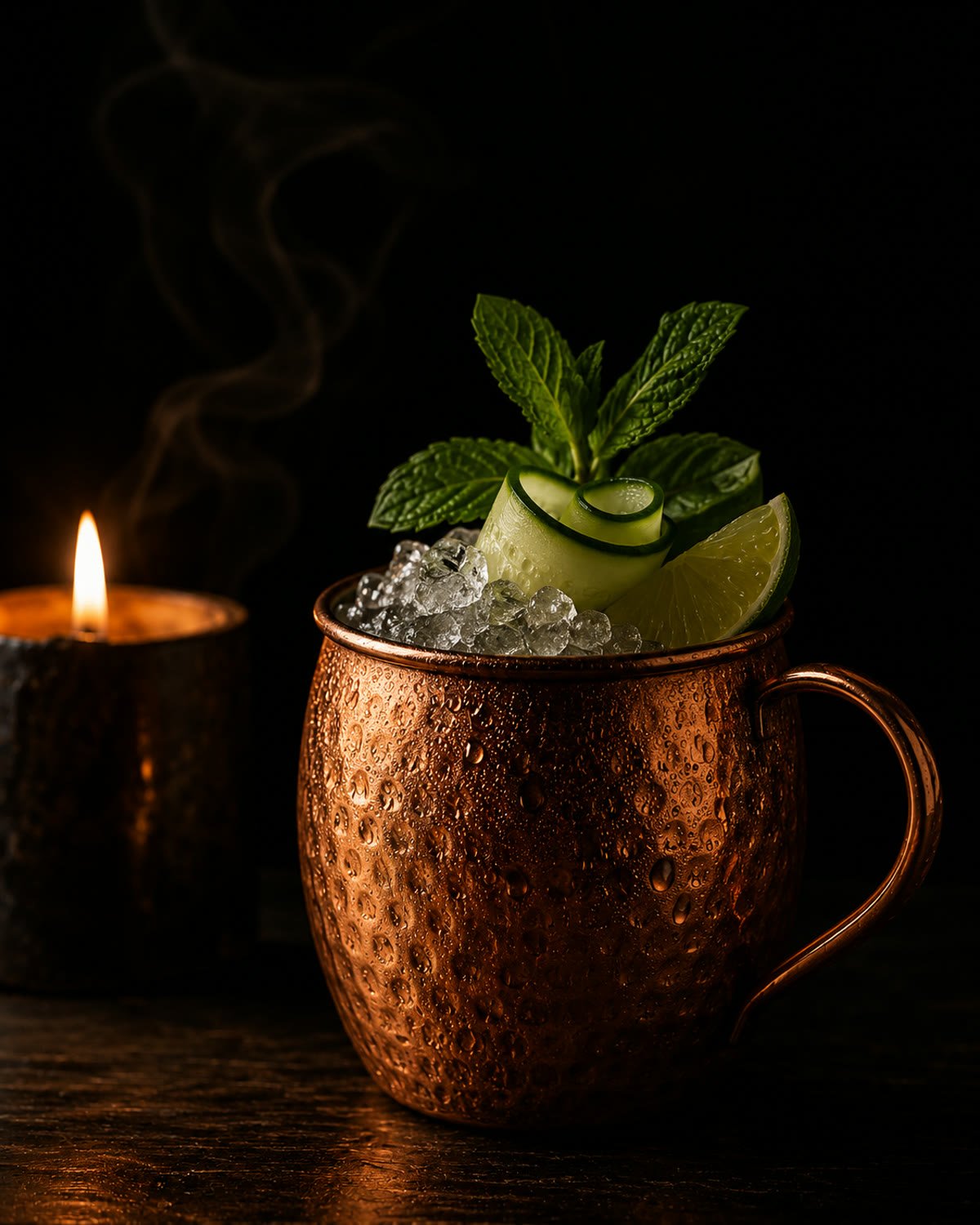 Mule oaxaqueño en tarro de cobre con hielo, pepino y hierbabuena