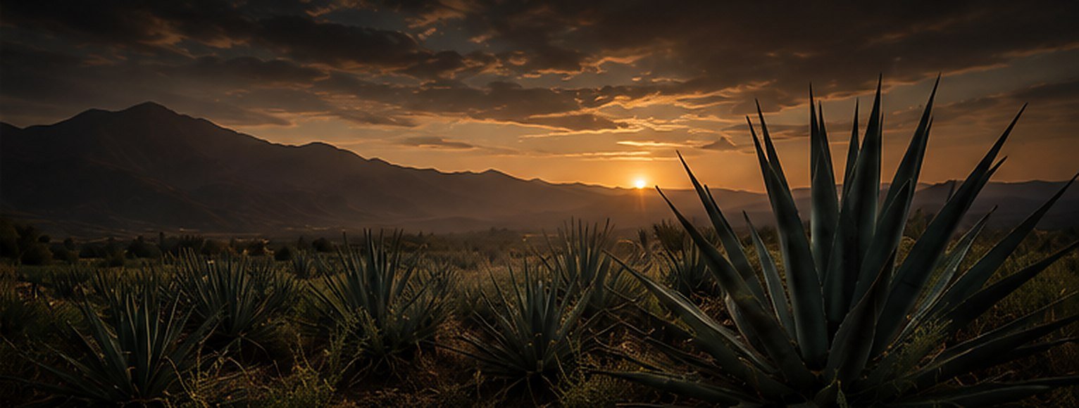 Campo de agave espadín al atardecer, con la sierra al fondo
