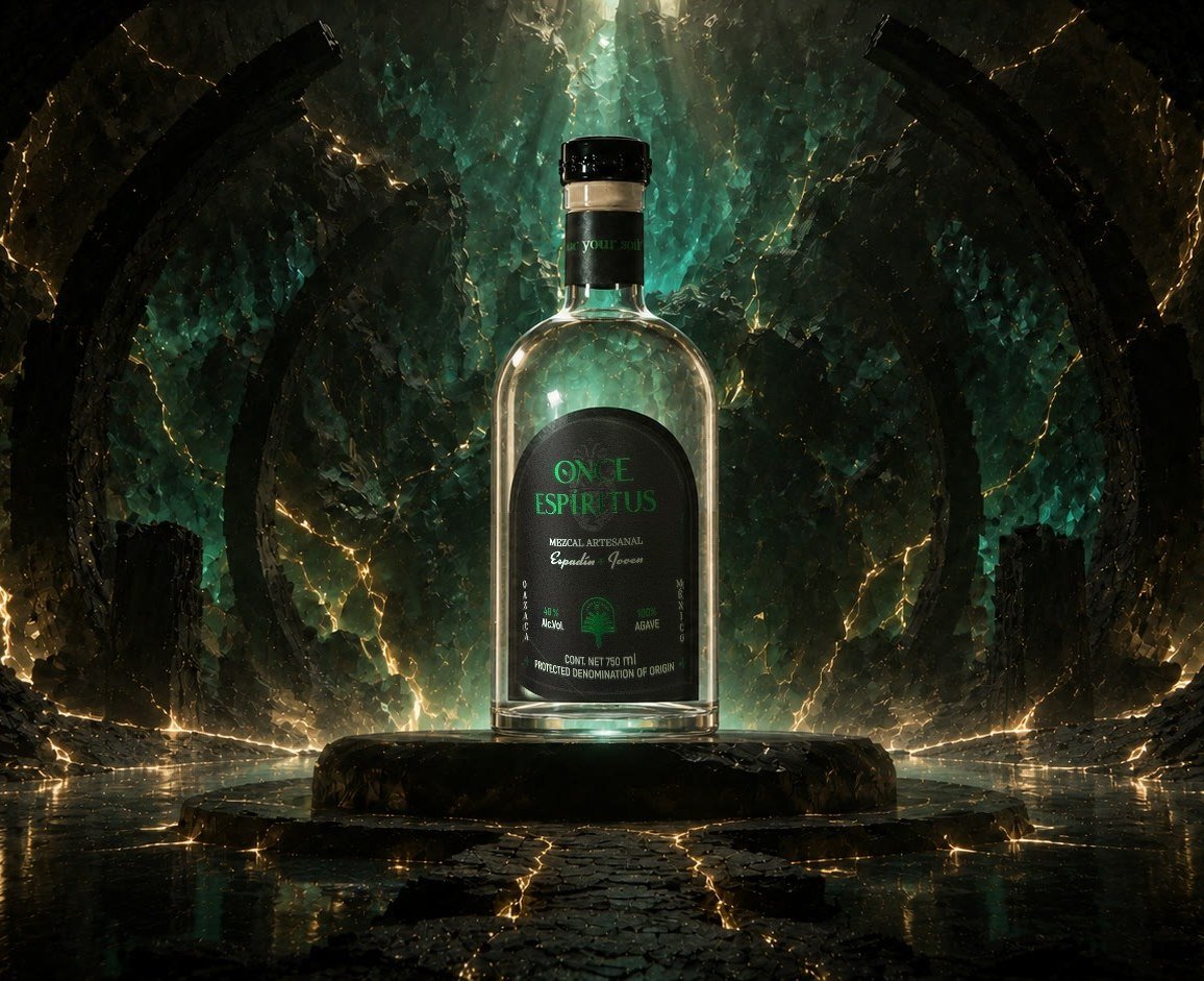 Botella de Once Espíritus, mezcal artesanal, sobre la piedra del descenso