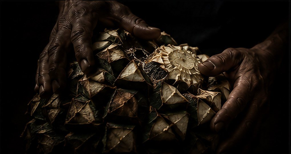 Manos de trabajador del campo sujetando una piña de agave recién jimada