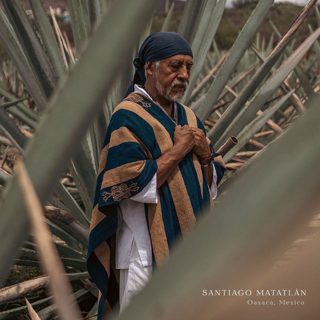 Un hombre mayor con poncho de lana, los ojos cerrados y la mano al pecho, de pie entre los agaves de Santiago Matatlán