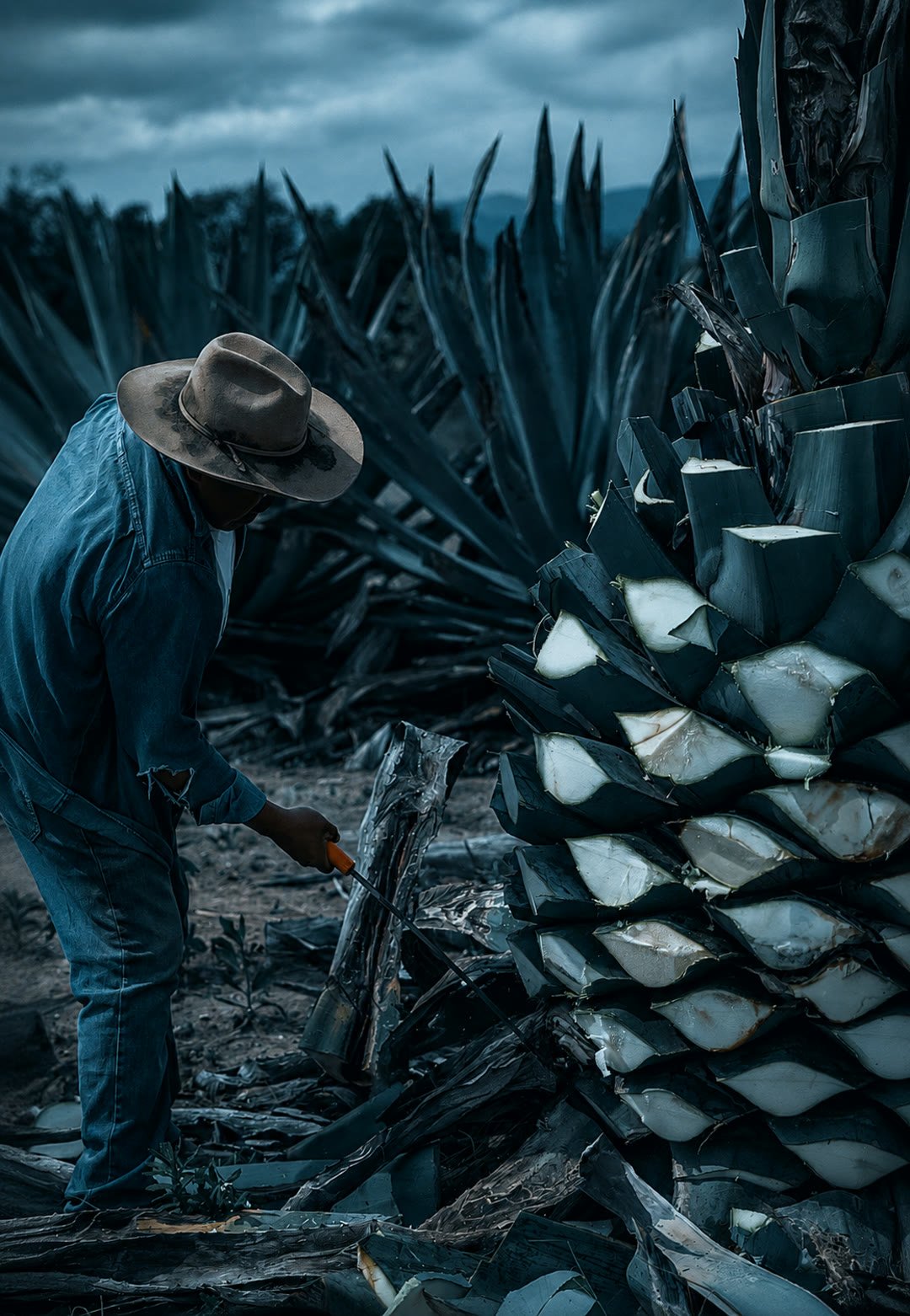 Un jimador con sombrero limpia una piña de agave espadín grande y madura, aún en el campo