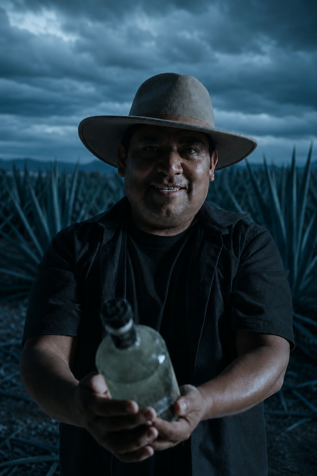 Joel Santiago, con sombrero, ofrece una botella de Once Espíritus entre sus agaves bajo el cielo nublado de Matatlán